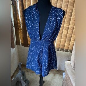 Blue Shein romper w polka-dots. Size M. Ties at neck, low back. Plunge front.